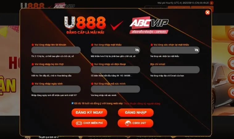 Đăng Ký U888 Nhanh Chóng Nhận Ngay Ưu Đãi 88K Hôm Nay 2 Giao diện đăng ký U888