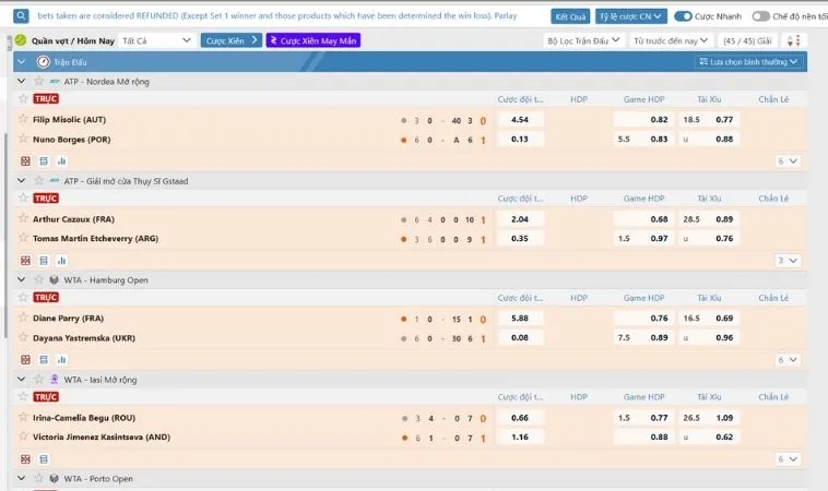 Bảng kèo cá cược quần vợt U888